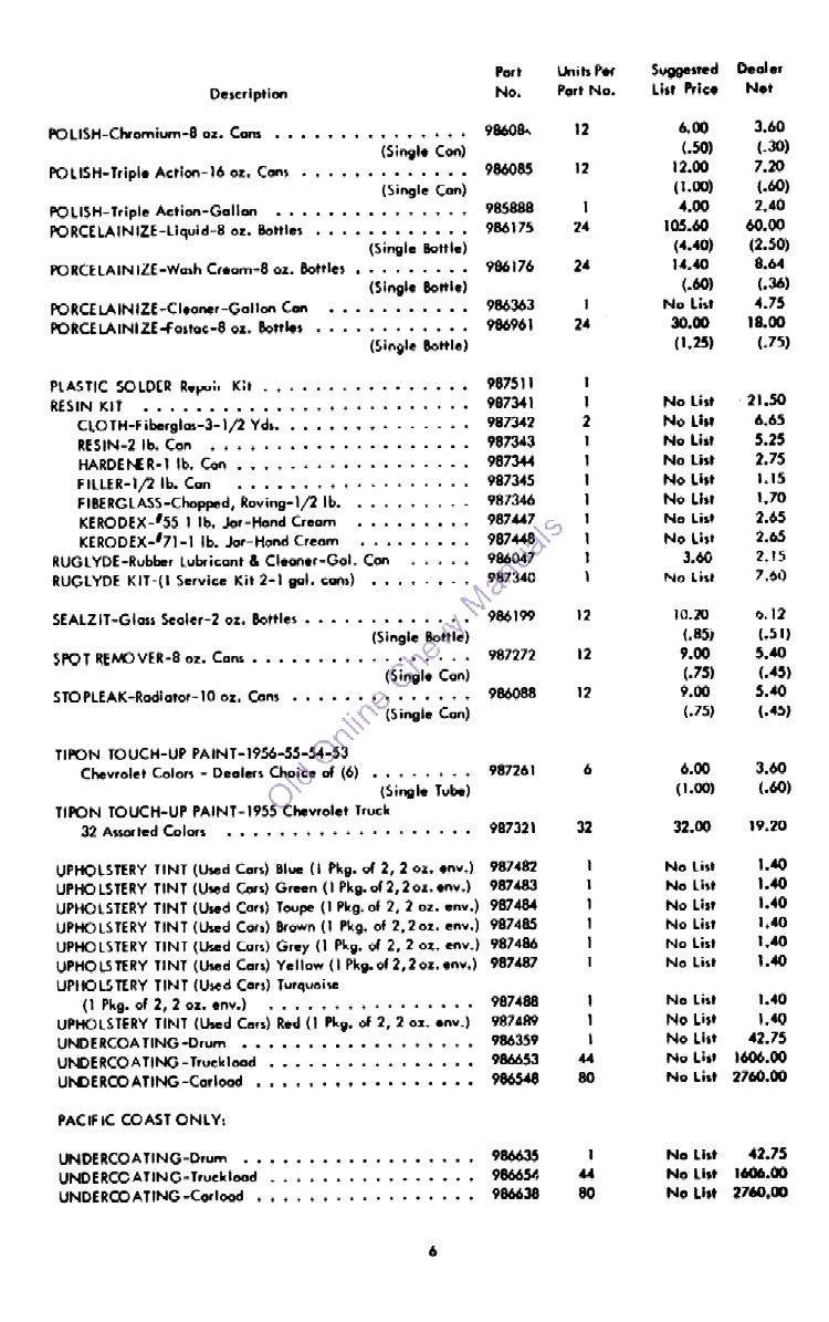 1956 Chevrolet Accessories Price List Page 5